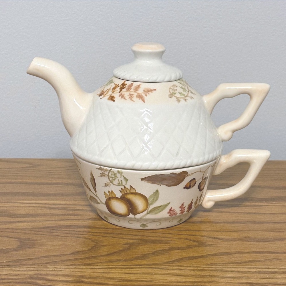 Tracy Porter Hand Painted Tea For One Set Stackable Teapot Cup Autumn Botanical‎